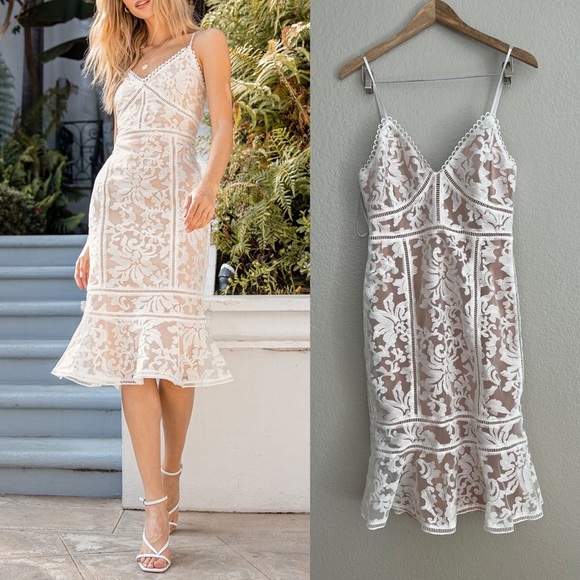 Alluring Love White and Beige Lace Trumpet Hem Midi Dress - Picture 1 of 13